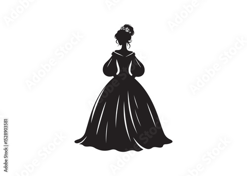 A Women wearing a long dress or gown with puffed sleeves Silhouette Vector