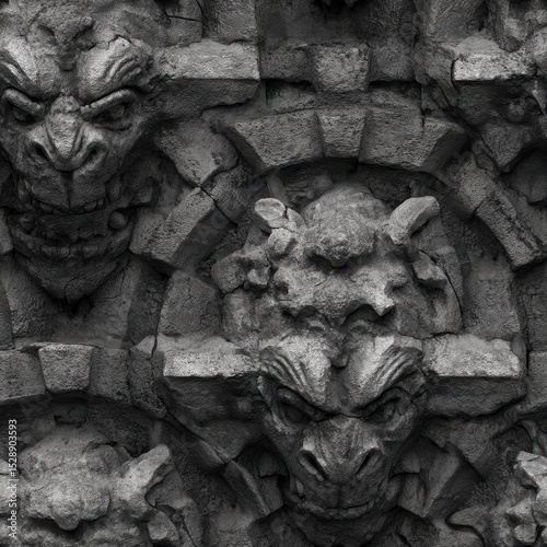 Close-up of weathered stone gargoyles and grotesque architectural details.