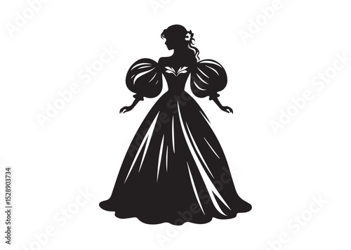A Women wearing a long dress or gown with puffed sleeves Silhouette Vector
