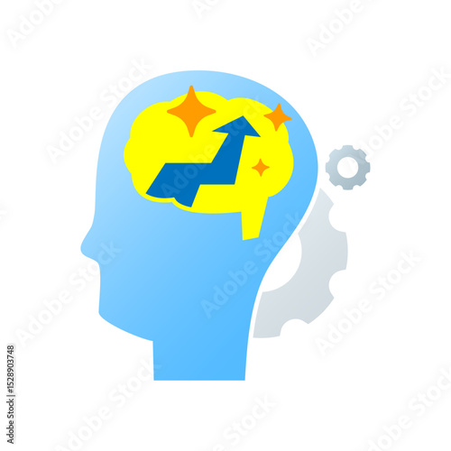 Illustration of human head silhouette with brain. growth mindset, innovation, problem solving. Concept of intelligence, development, strategic thinking, and personal improvement. for education themes