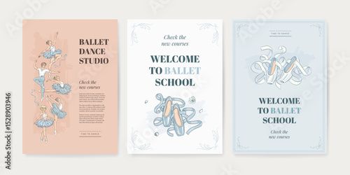 Set of ballet school poster template with hand drawn ballerina, pointe shoes on colorful background. Ballet studio banner, cover of flyer design in retro style. Vector illustration