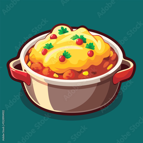 Hearty casserole topped with creamy mashed potatoes.