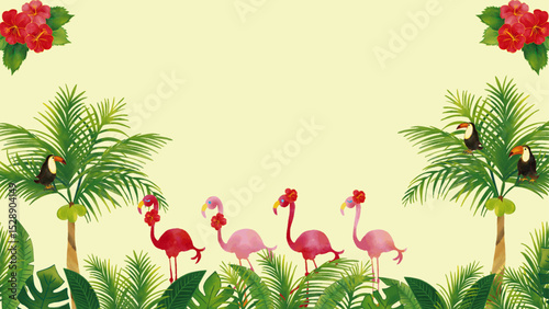 水彩風　フラミンゴとオオハシとトロピカル熱帯植物のセット飾りフレーム1（16:9）Summer Tropical Series:Watercolor Tropicall Frame with Leaves,Birds,Hibiscus,Palm Trees