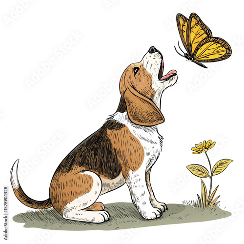 A cute brown and white beagle puppy with floppy ears, intensely howling upwards at a vibrant butterfly in a sun-drenched garden.