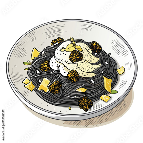 Gourmet black truffle pasta, rich creamy sauce, shaved Parmesan cheese, elegant plating, close-up, food photography.