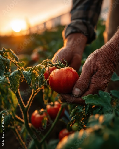 Local farm food story with hands harvesting ripe tomatoes at golden hour, warm natural light and farm-to-table scene for sustainable lifestyle and organic culinary storytelling