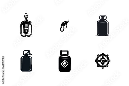 Six black and white fuel and gas icons