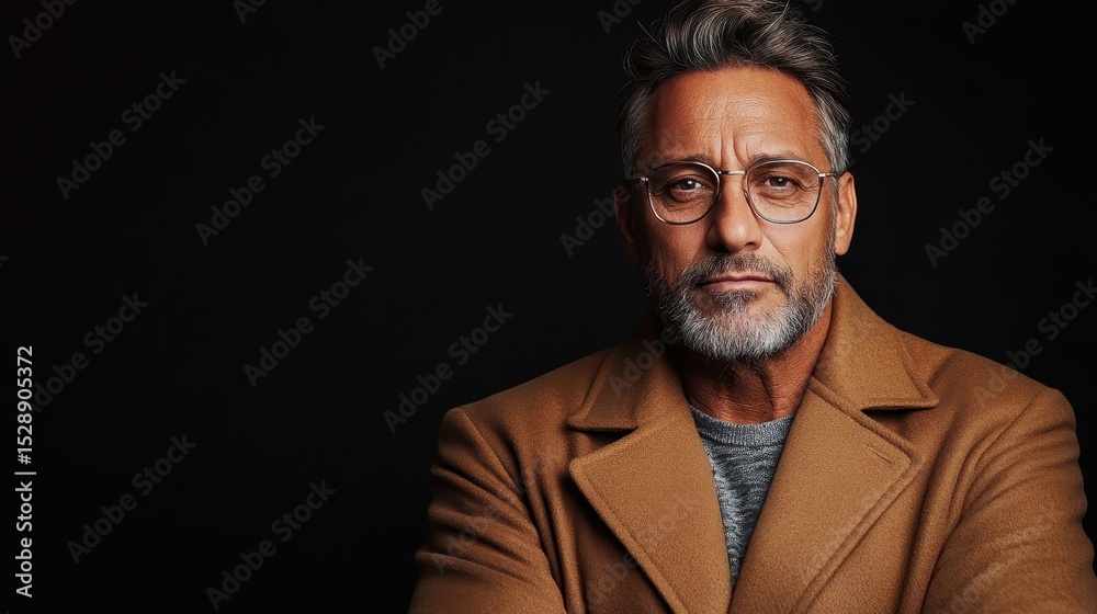 Fototapeta premium A distinguished older man with glasses gazes confidently at the camera, embodying wisdom, maturity, and experience against a minimalist dark backdrop.