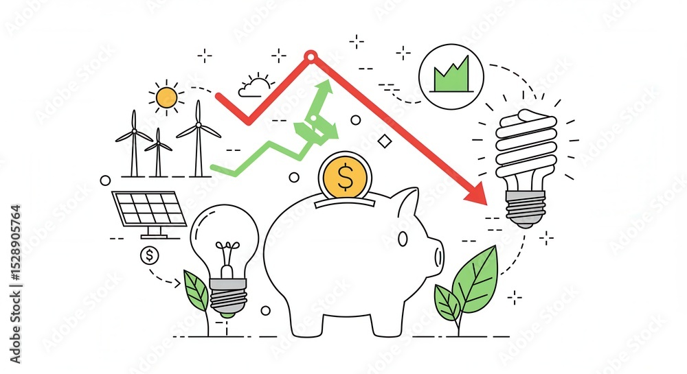 Naklejka premium Illustration showing energy savings with wind turbines, solar panel and energy efficient bulbs