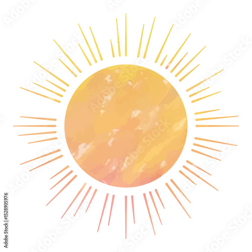 Vector illustration of a shining golden sun. Hand-drawn illustrations in watercolor.