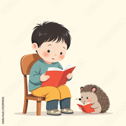 Boy and Hedgehog Reading Together in Cozy Chair