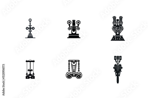Six industrial machine icons set black and white