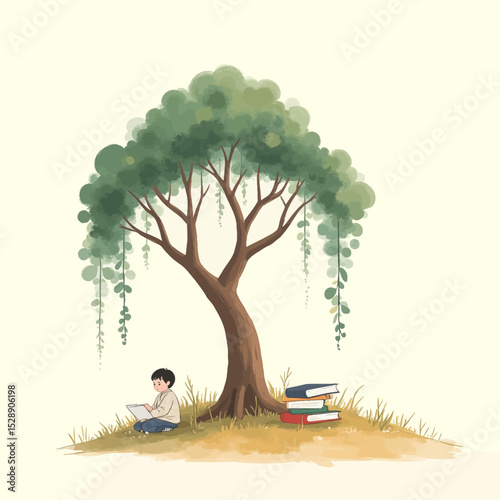 Boy Reading Under Tree with Stacked Books