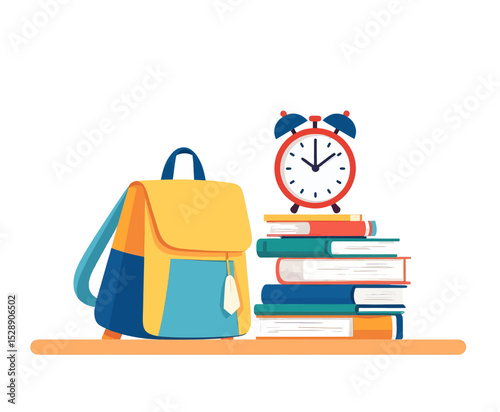 Colorful Backpack and Books with Alarm Clock on Shelf