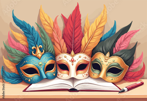 Colorful Masquerade Masks on Open Book with Feathers