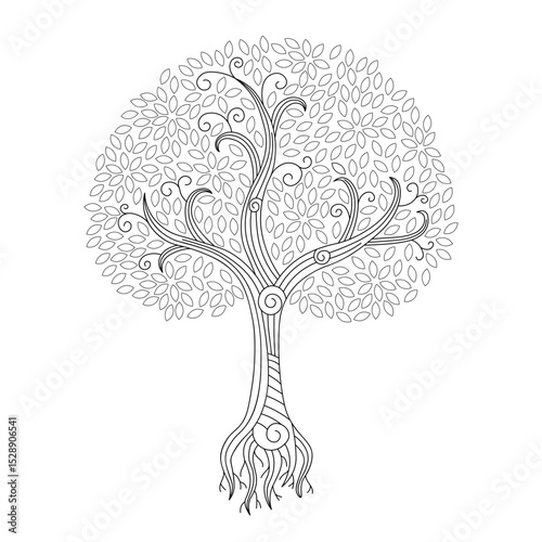Dreamy Tree vector fantasy illustration on isolated background. Decorative graphic with woody plant, crown of leaves, roots in line art style ink. Sign of magic, wild nature, symbol of dreams, decor