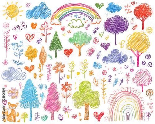 Vibrant Childlike Crayon Drawing of Nature Scene with Rainbow, PNG