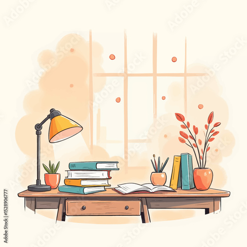 Cozy Study Corner with Warm Lamp and Books