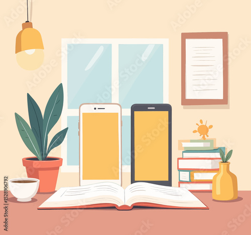 Cozy Study Nook with Open Book and Smartphones
