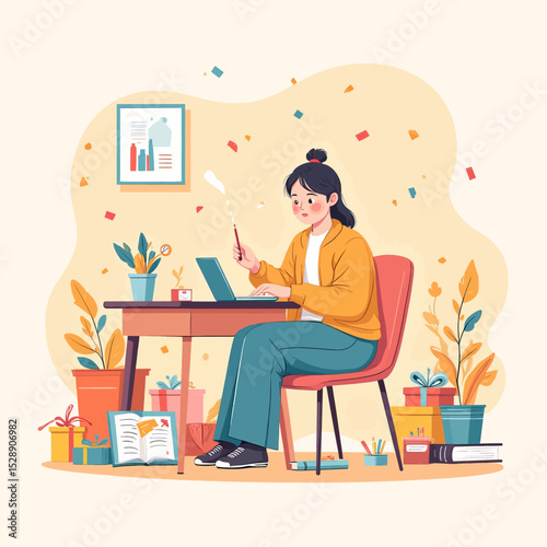 Creative Woman Working at Home Office with Plants