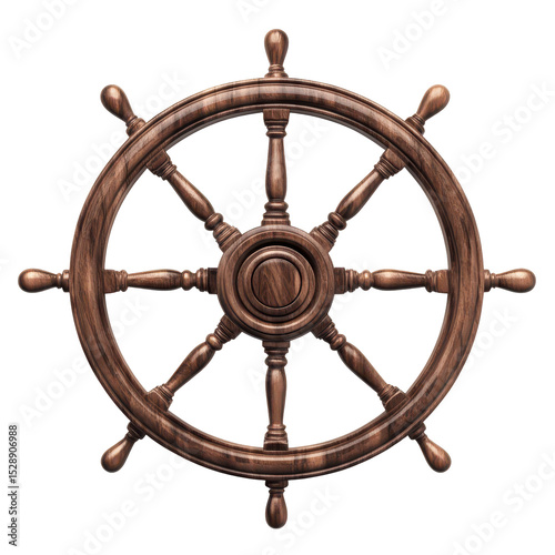 Wooden ship steering wheel features intricate design and craftsmanship on isolated Transparent background, Wooden Ship Steering Wheel isolated on PNG background