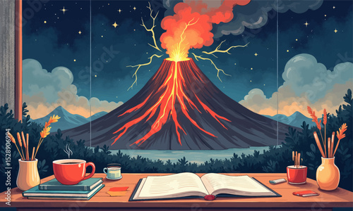 Creative Night Study with Erupting Volcano and Cozy Desk