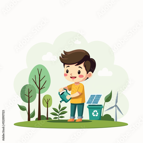 Boy Recycling Trash with Green Energy Background - Earth Day Vector.