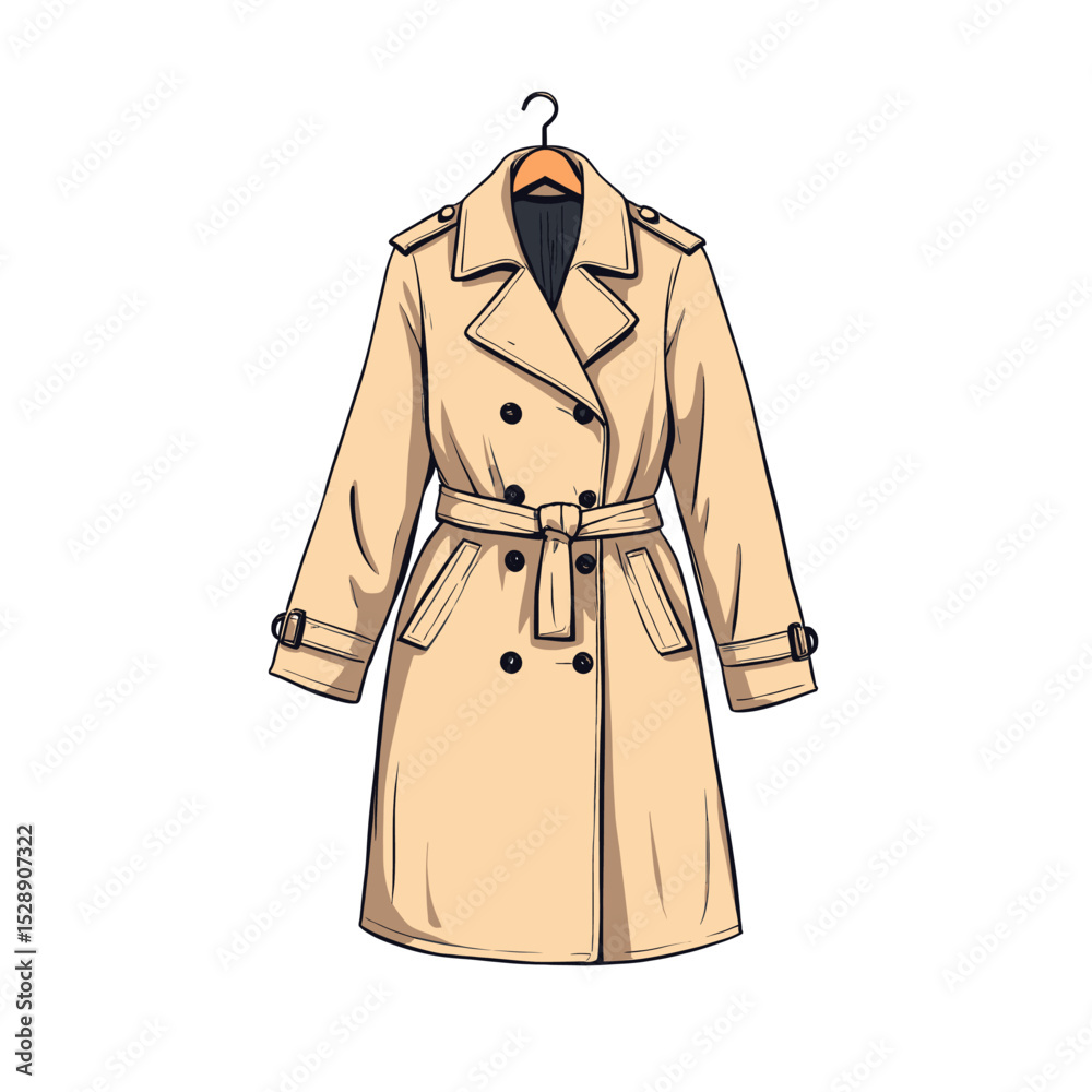 Naklejka premium Elegant Trench Coat on Hanger, Classic Design, Beige, Winter Wear, Fashion Illustration