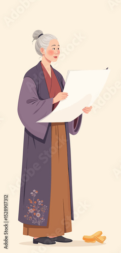 Elderly Woman in Traditional Garb Holding Scroll, Autumn Colors, Serene Expression
