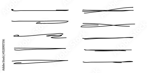 Underlines set, hand drawn accentuation marker pen strokes. Doodle style divider separator handwritten collection wavy curly various strips art lines. Isolated. Vector illustration