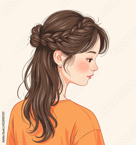 Elegant Braided Hairstyle with Wavy Ends in Casual Orange Top
