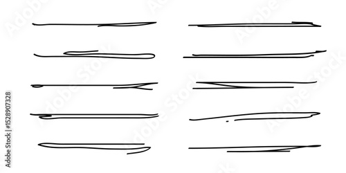 Underlines set, hand drawn accentuation marker pen strokes. Doodle style divider separator handwritten collection wavy curly various strips art lines. Isolated. Vector illustration