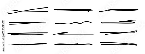 Underlines set, hand drawn accentuation marker pen strokes. Doodle style divider separator handwritten collection wavy curly various strips art lines. Isolated. Vector illustration