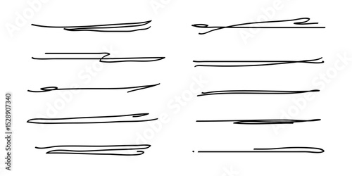 Underlines set, hand drawn accentuation marker pen strokes. Doodle style divider separator handwritten collection wavy curly various strips art lines. Isolated. Vector illustration