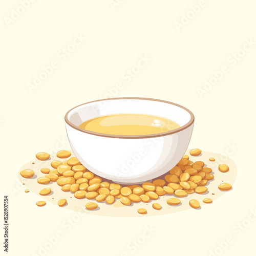 Golden Soybean Oil in Bowl with Scattered Beans