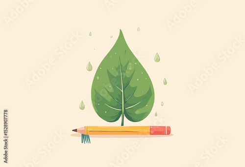 Green Leaf Illustration with Water Droplets and Pencil