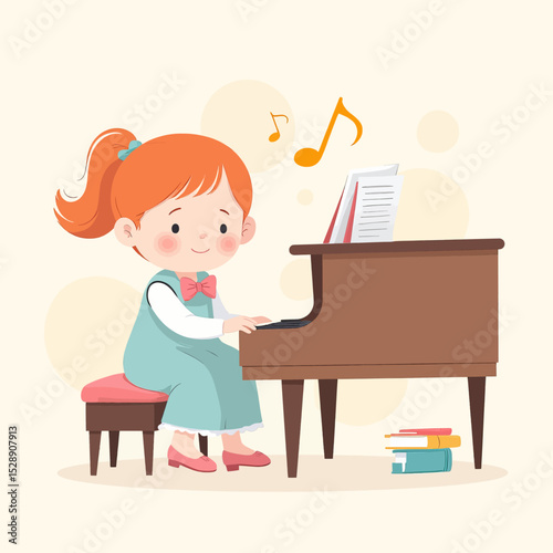 Little Girl Playing Piano in Cute Dress