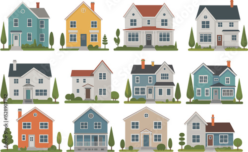 Colorful suburban houses collection, residential home illustrations, flat design homes, cozy family houses, neighborhood architecture, cartoon houses vector pack
