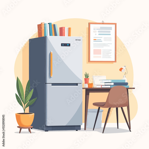 Modern Home Office with Refrigerator and Study Essentials