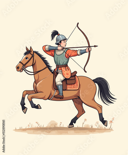 Mongol Warrior on Horseback in Battle Stance