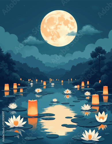 Moonlit Pond Serenity: Floating Lanterns and Water Lilies
