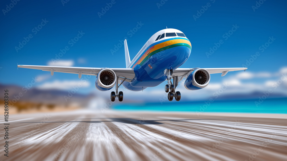 Naklejka premium Airplane begins ascent over runway with ocean view. Clear blue sky setting enhances the travel experience. Concept of aviation, travel industry, tourism