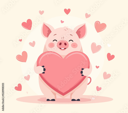 Pig Holding Heart, Valentine's Day Celebration, Pink Hearts, Joyful Mood, Love Theme