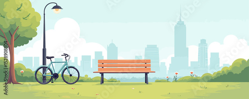 Peaceful Park Bench in Urban Oasis with Bike and Skyline