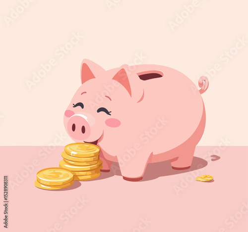 Pink Piggy Bank Eagerly Saving Gold Coins on Soft Pink Background