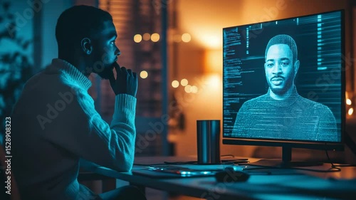 Exploring emotional connections through futuristic holograms in a serene nighttime setting