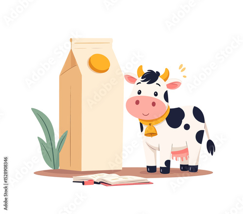 Playful Cow and Milk Carton in Cozy Farm Setting