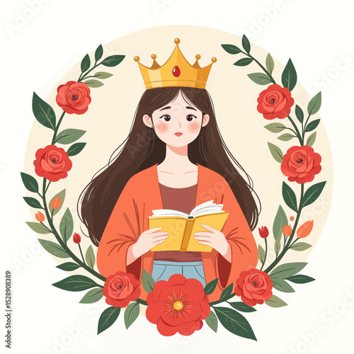 Princess Reading with Crown and Roses