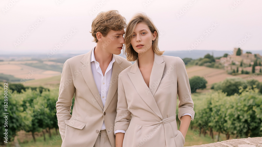 Fototapeta premium Stylish young couple in neutral outfits posing outdoors in scenic countryside. Summer fashion, romance, elegance, vacation and timeless minimalism in warm soft light.