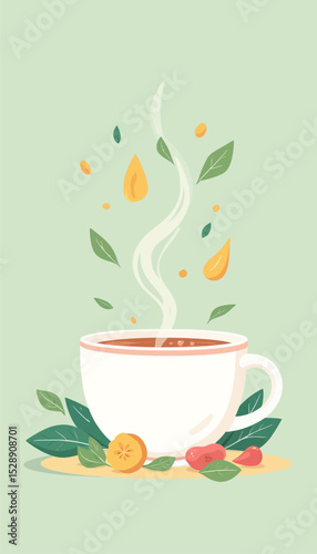 Steaming Coffee Cup with Leaves and Berries in Autumnal Setting